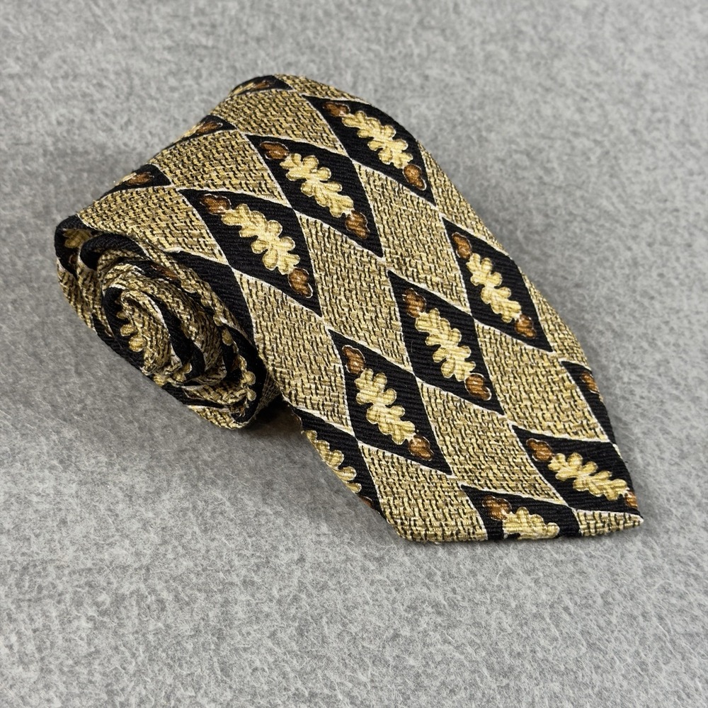 Vintage 90s Bolgheri Silk Tie Made Italy Gold Black Leaf Geometric 56x3.75"